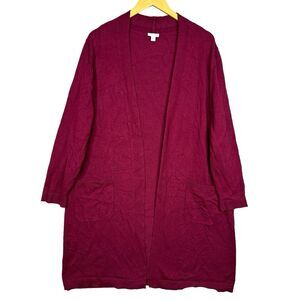 J. Jill Open Front Cardigan Sweater Longline Maroon L Cotton Blend‎ Pockets